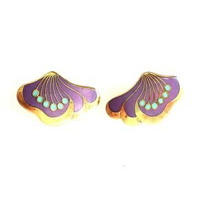 Laurel Burch Peony Earrings Purple Enamel Cloisonne Gold Pierced Signed